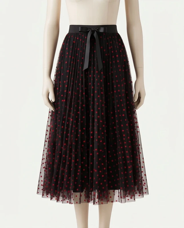 Jupe longue tulle à pois roses - Noir/Rouge