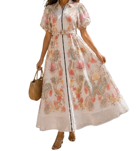 Robe Longue Imprime Manche Bouffante - Rose
