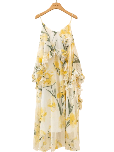Robe Longues Imprime Fleuri - Jaune 