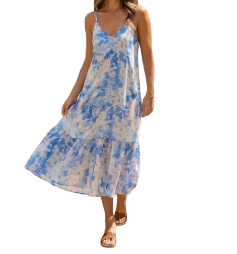 Robe Fluide Fleurie à fines Bretelles Bleu