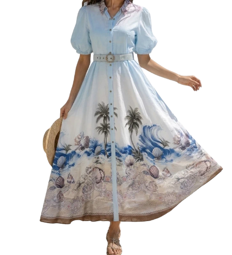Robe Manche Courte Bouffante Imprimée - Bleu