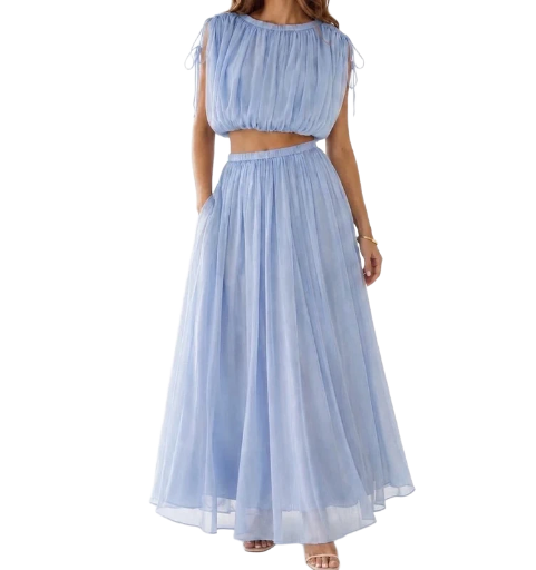 Ensemble Bohème Pastel Jupe Longue en Voile & Top Drapé