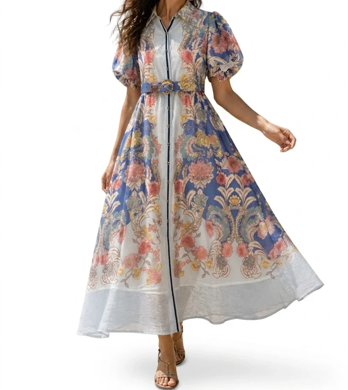 Robe Longue Imprime Manche Bouffante - Bleu