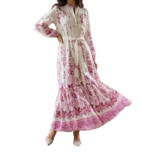 Robe longue bohème blanche à fleurs - Rose