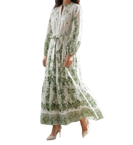 Robe longue bohème blanche à fleurs - Vert