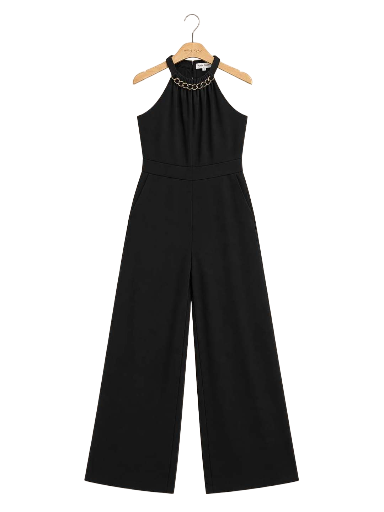 Combinaison pantalon élégante à col chaîne dorée – Noir