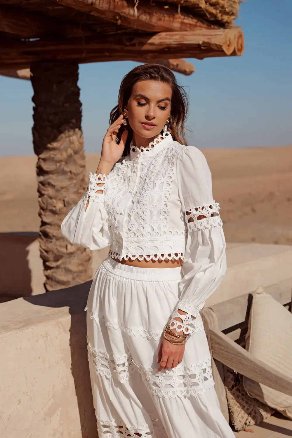 Chemise crop Ellie en coton ajouré - Blanc 