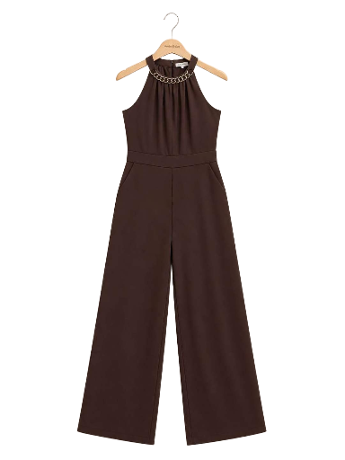 Combinaison pantalon élégante à col chaîne dorée – Marron