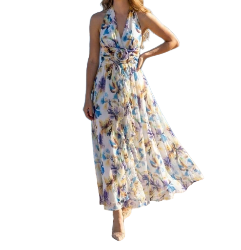 Robe à Volant avec Fleur Imprime - Bleu