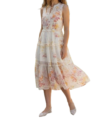 Robe Fluide Fleurie à Volants - Rose
