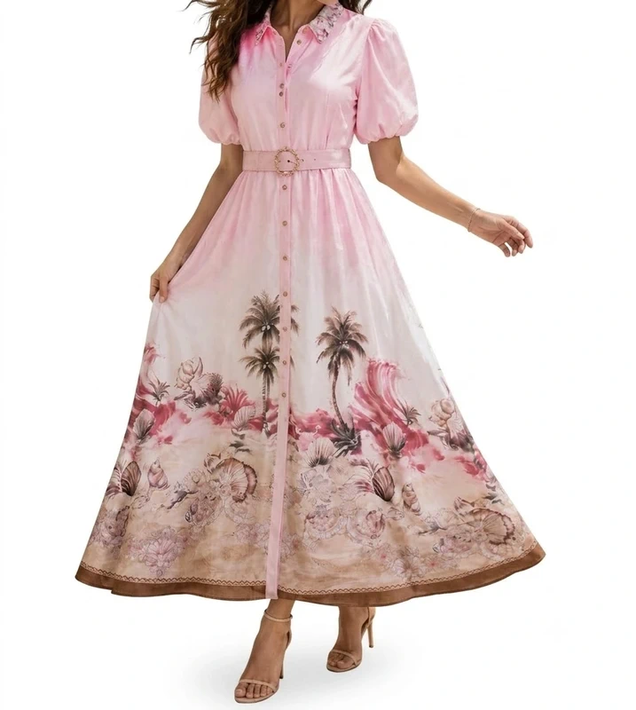 Robe Manche Courte Bouffante Imprimée - Rose