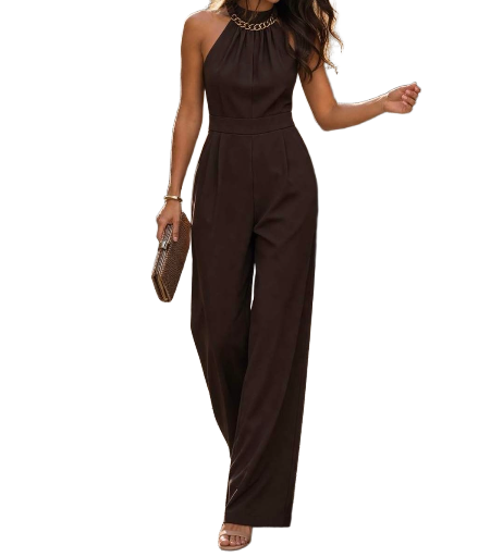 Combinaison pantalon élégante à col chaîne dorée – Marron