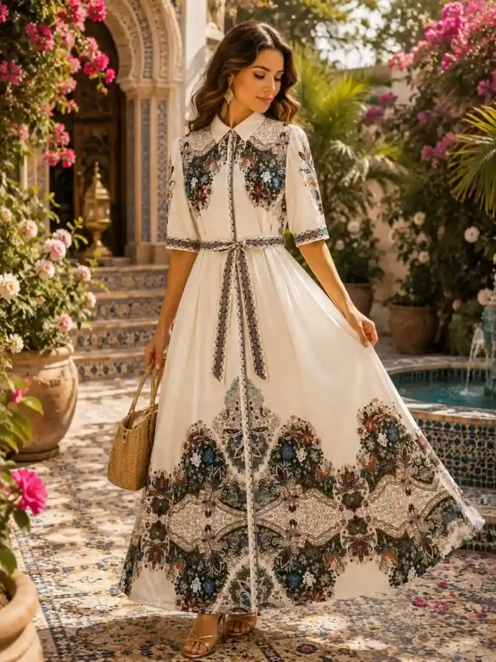 Robe Longue Manche Courte Imprimée - Vert