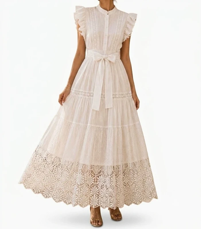 Robe Longue Bohème En Dentelle & Volants