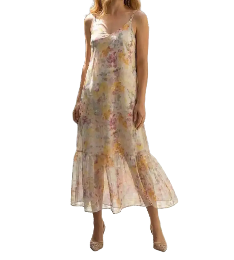 Robe Fluide Fleurie à fines Bretelles Rose