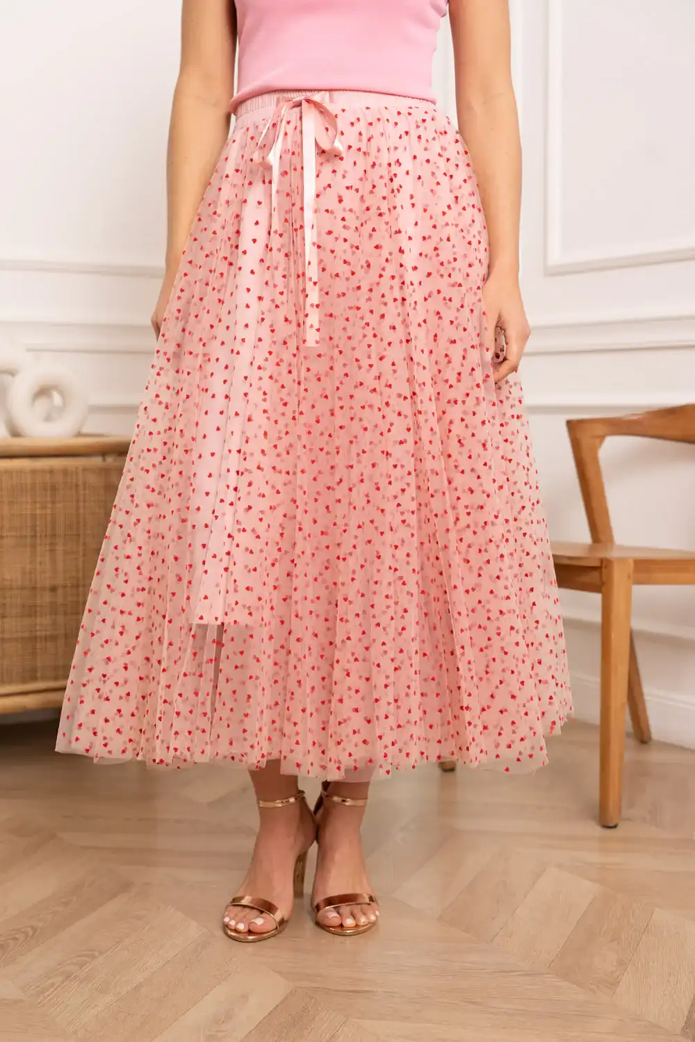 Jupe longue tulle à pois roses