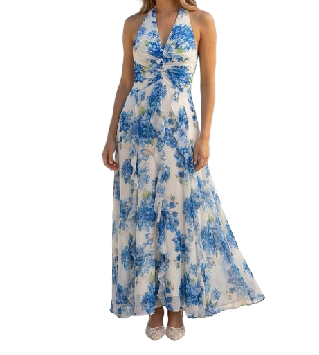 Robe à Volant avec Fleur Imprime - Bleu