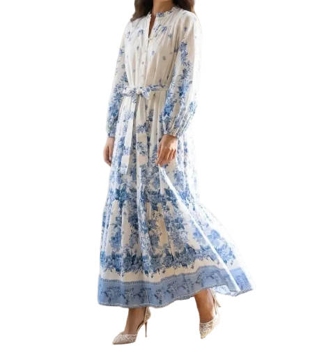 Robe longue bohème blanche à fleurs - Bleu