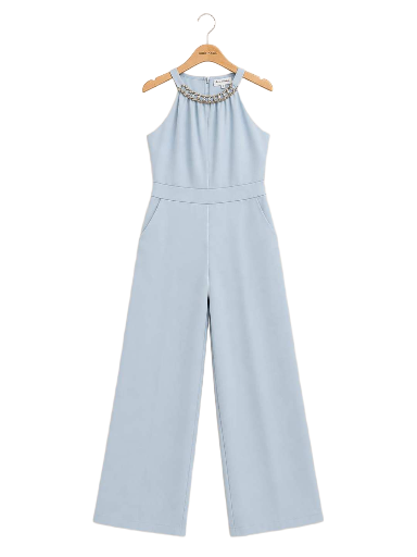 Combinaison pantalon élégante à col chaîne dorée – Bleu Ciel 
