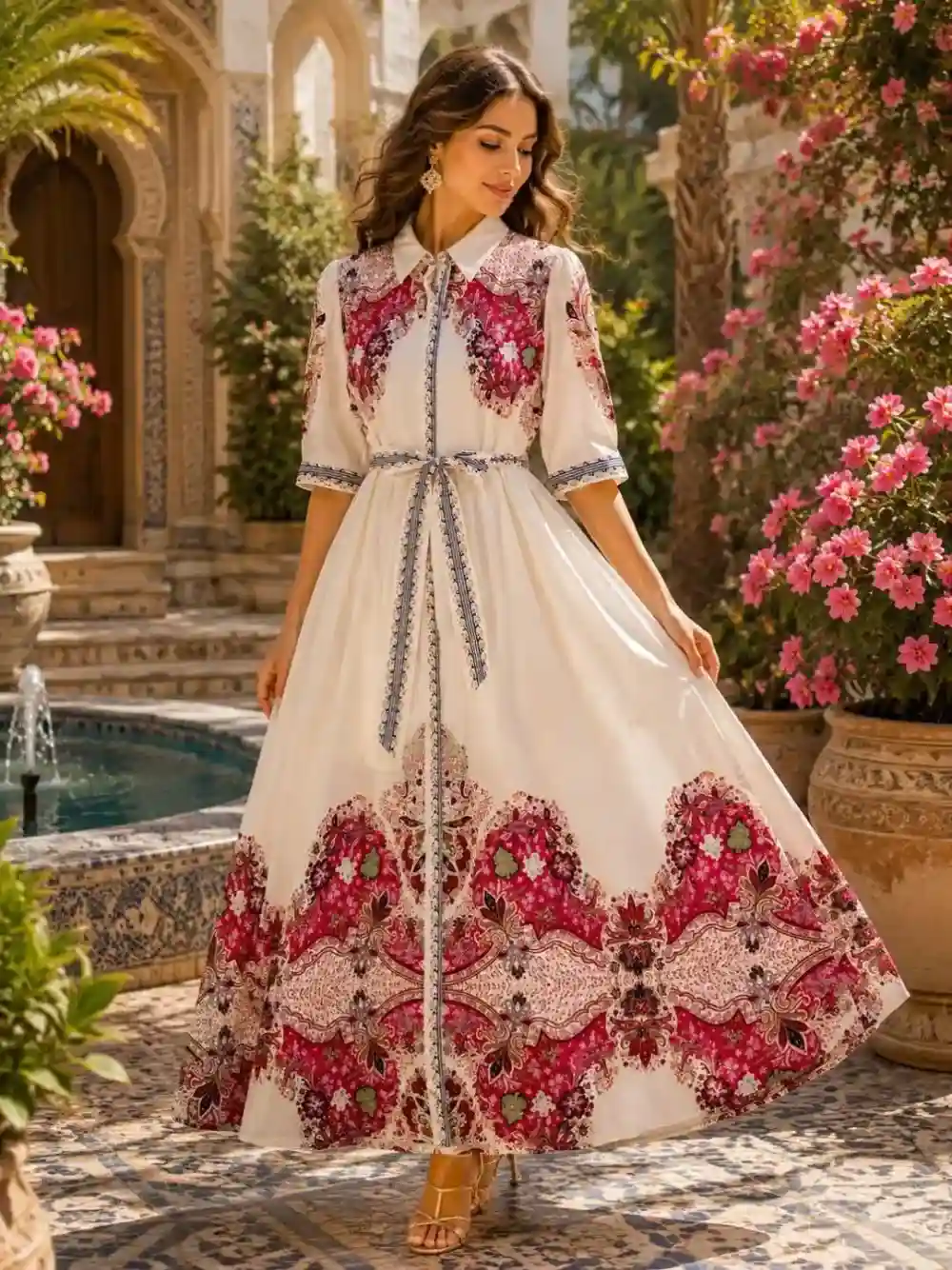Robe Longue Manche Courte Imprimée - Bordeaux