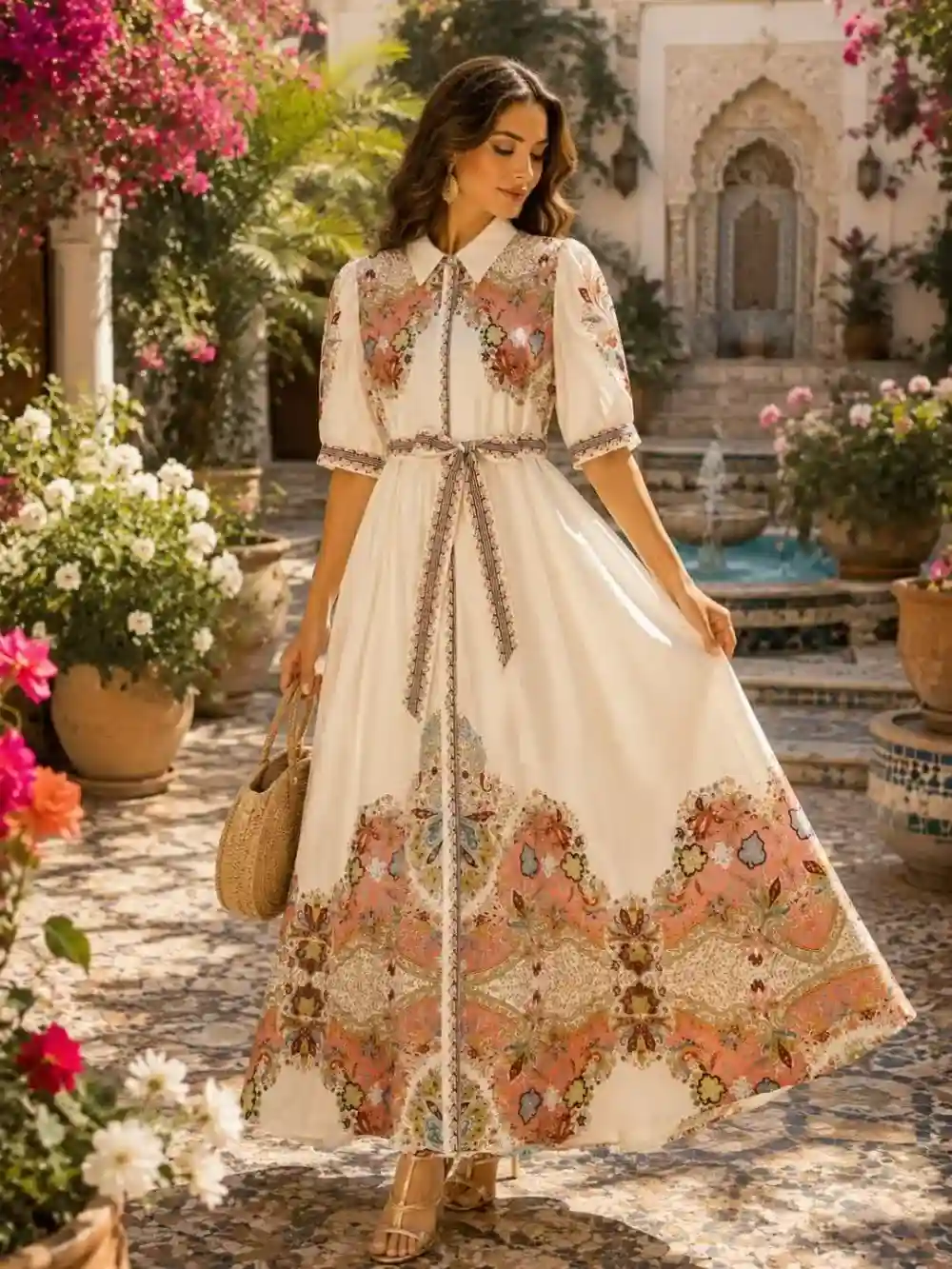 Robe Longue Manche Courte Imprimée - Beige