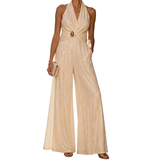 Combinaison Élégante Satinée Dos Nu & Coupe Large - Beige
