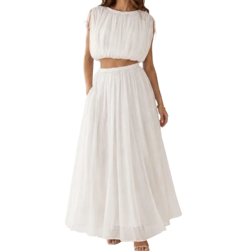 Ensemble Bohème Pastel Jupe Longue en Voile & Top Drapé 