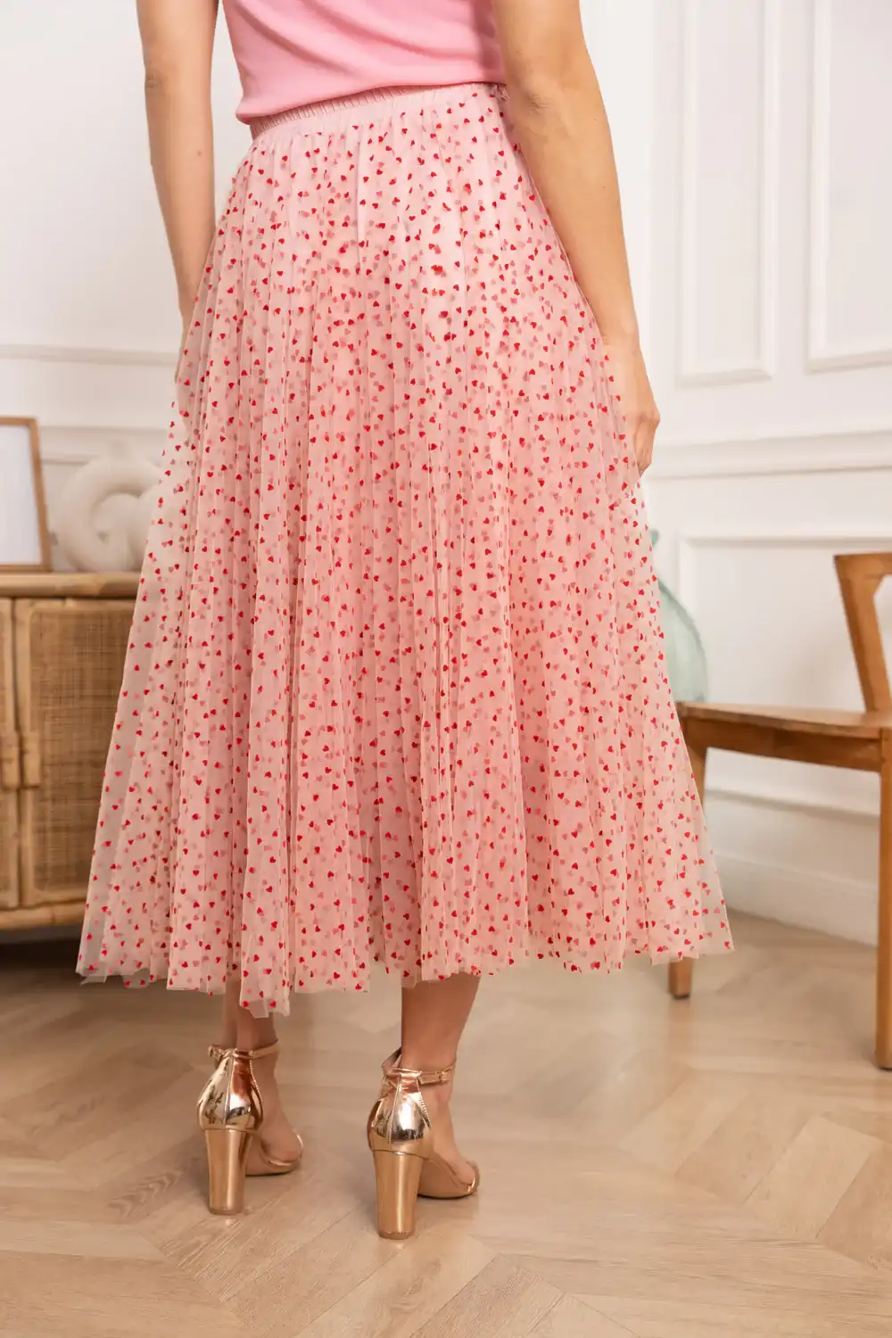 Jupe longue tulle à pois roses