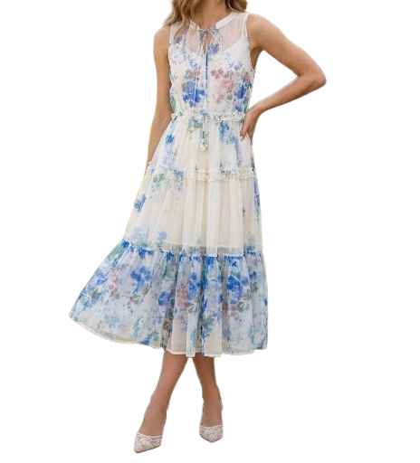 Robe Fluide Fleurie à Volants - Bleu