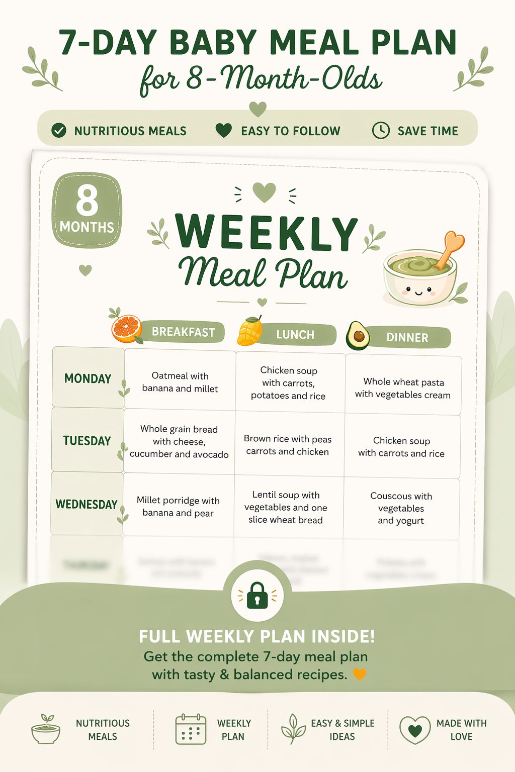 8-Month Baby Meal Planner (Printable PDF) – Weekly Plan, Grocery List & Feeding Tracker for Stress-Free Mealtimes