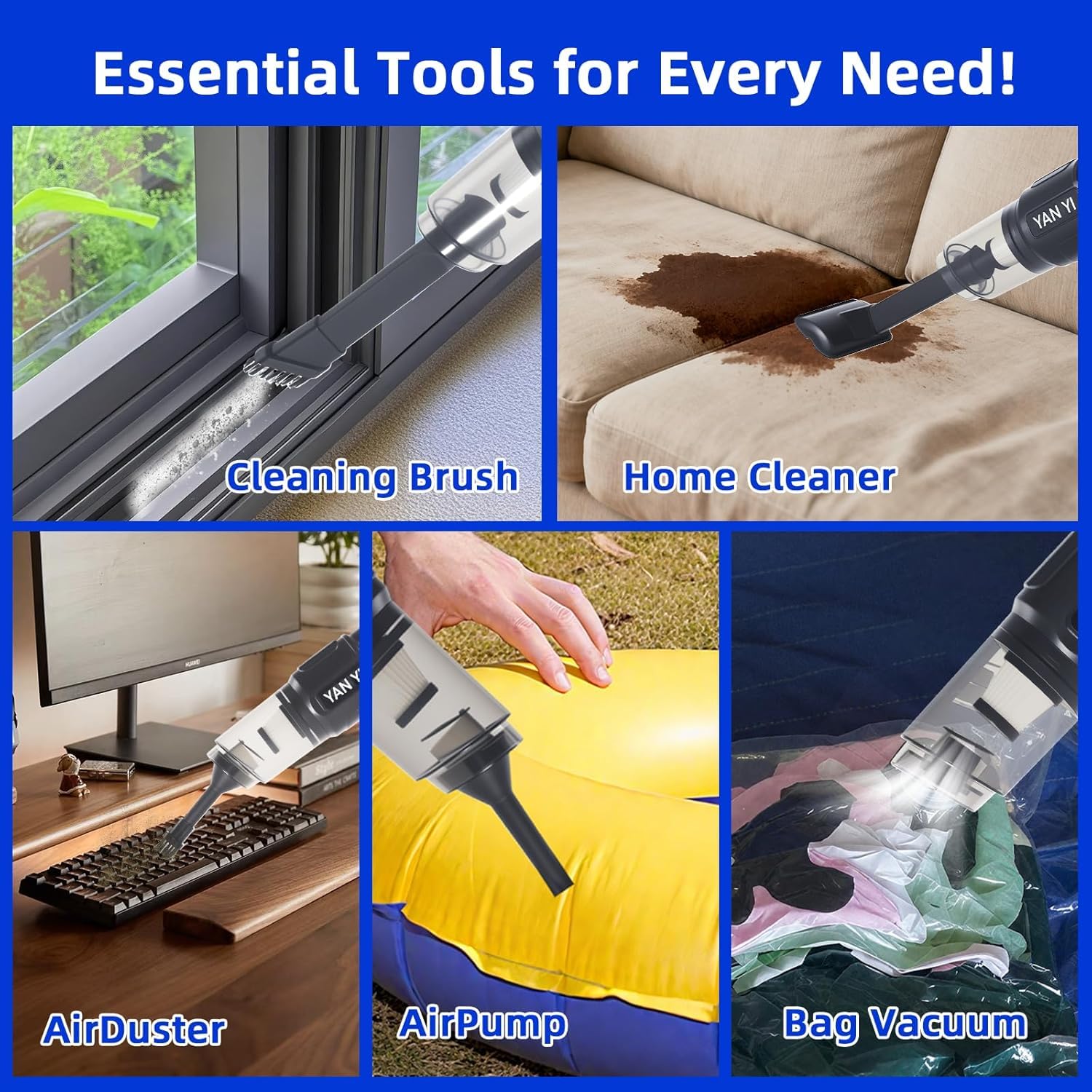 Carlistic Cordless Car Vacuum Cleaner | 5000PA Handheld | 6 in 1 Air Duster | 6 Attachments + Storage Bag | 120W Rechargeable High Power Suction & Blower for Car - Black