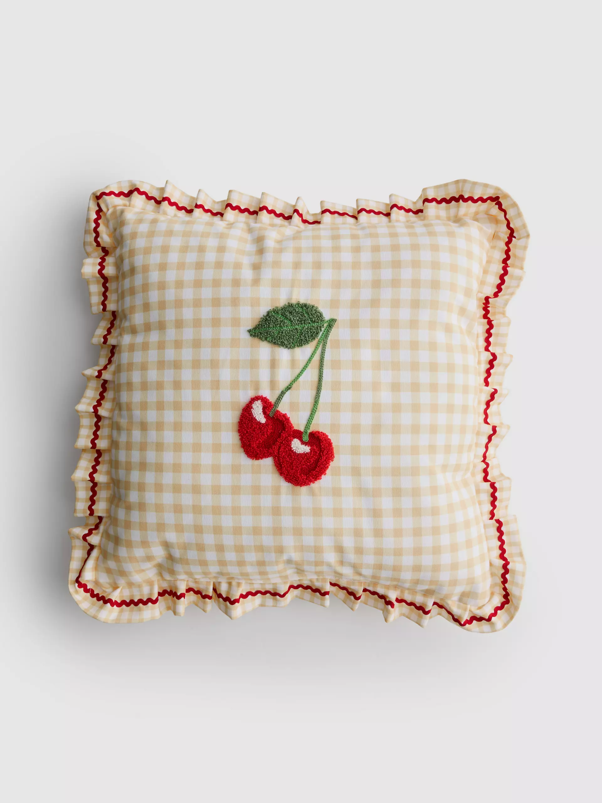 Embroidered Cherry And Gingham Square Cushion 