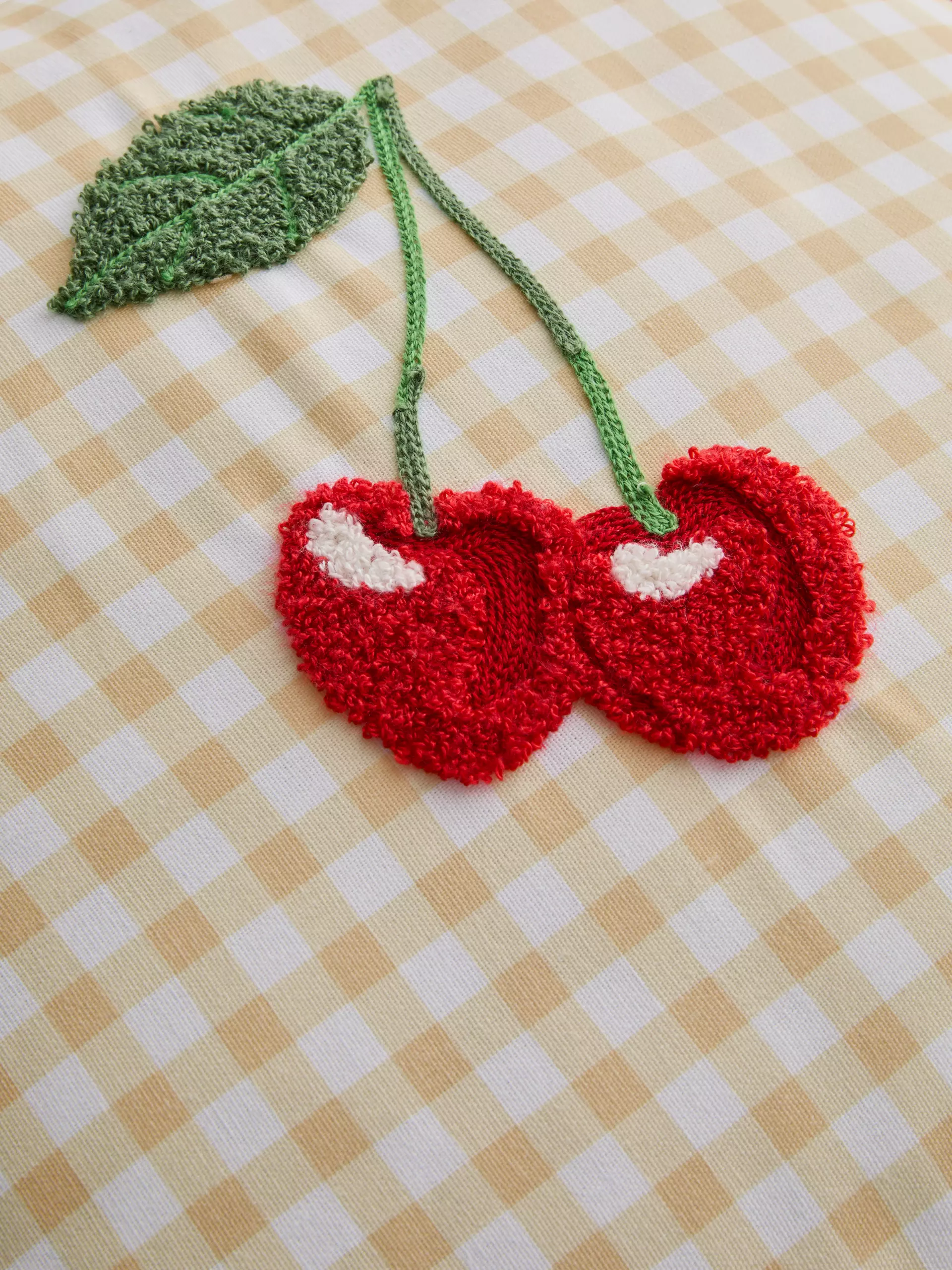 Embroidered Cherry And Gingham Square Cushion 