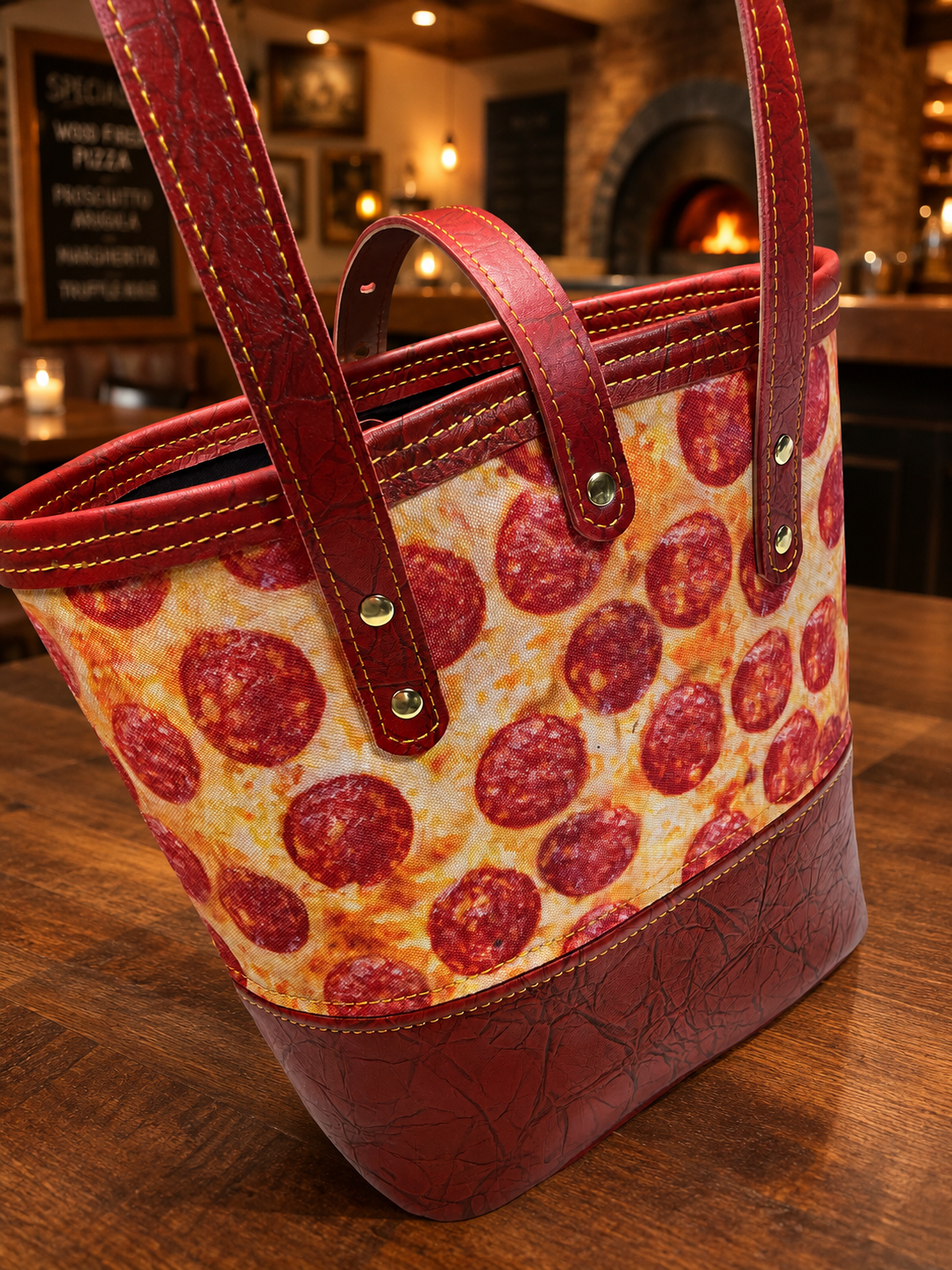 Pepperoni Pizza Print and Leather Tote Bag
