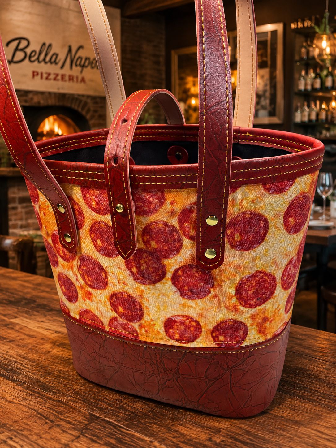 Pepperoni Pizza Print and Leather Tote Bag