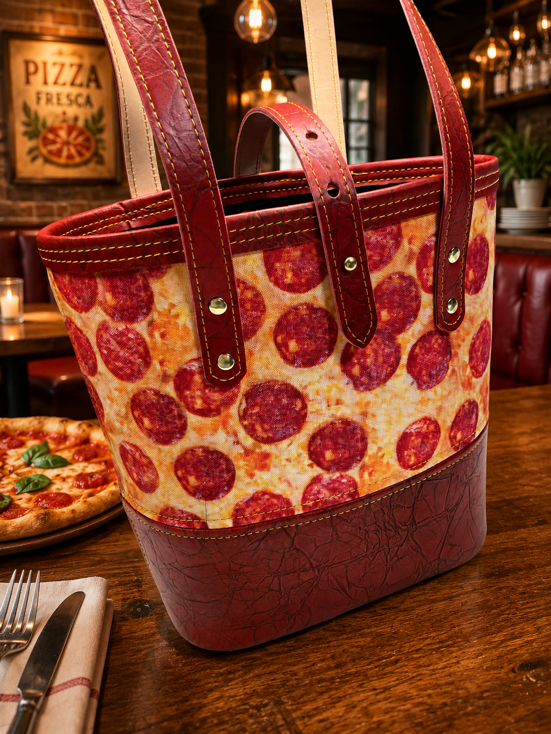 Pepperoni Pizza Print and Leather Tote Bag
