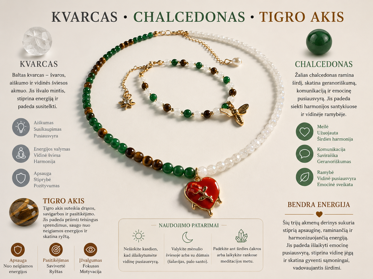 Kvarco, Chalcedono ir Tigro akies papuošalų rinkinys