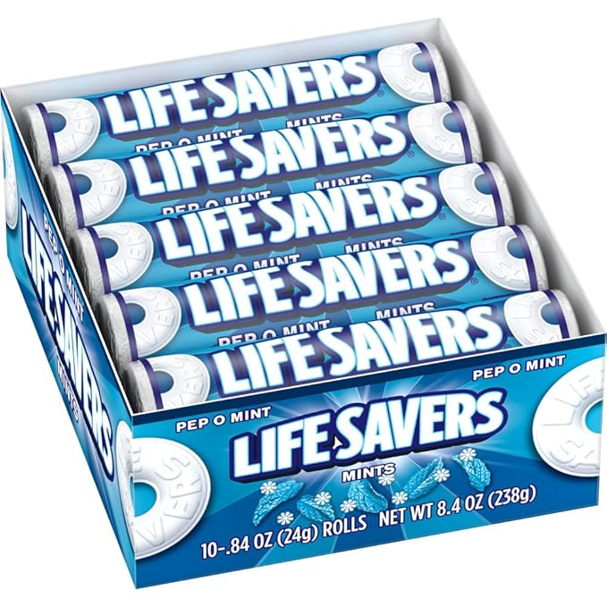 LIFE SAVERS Pep-O-Mint Hard Candy Single Size Rolls, .84 Ounce, 20-Count Box