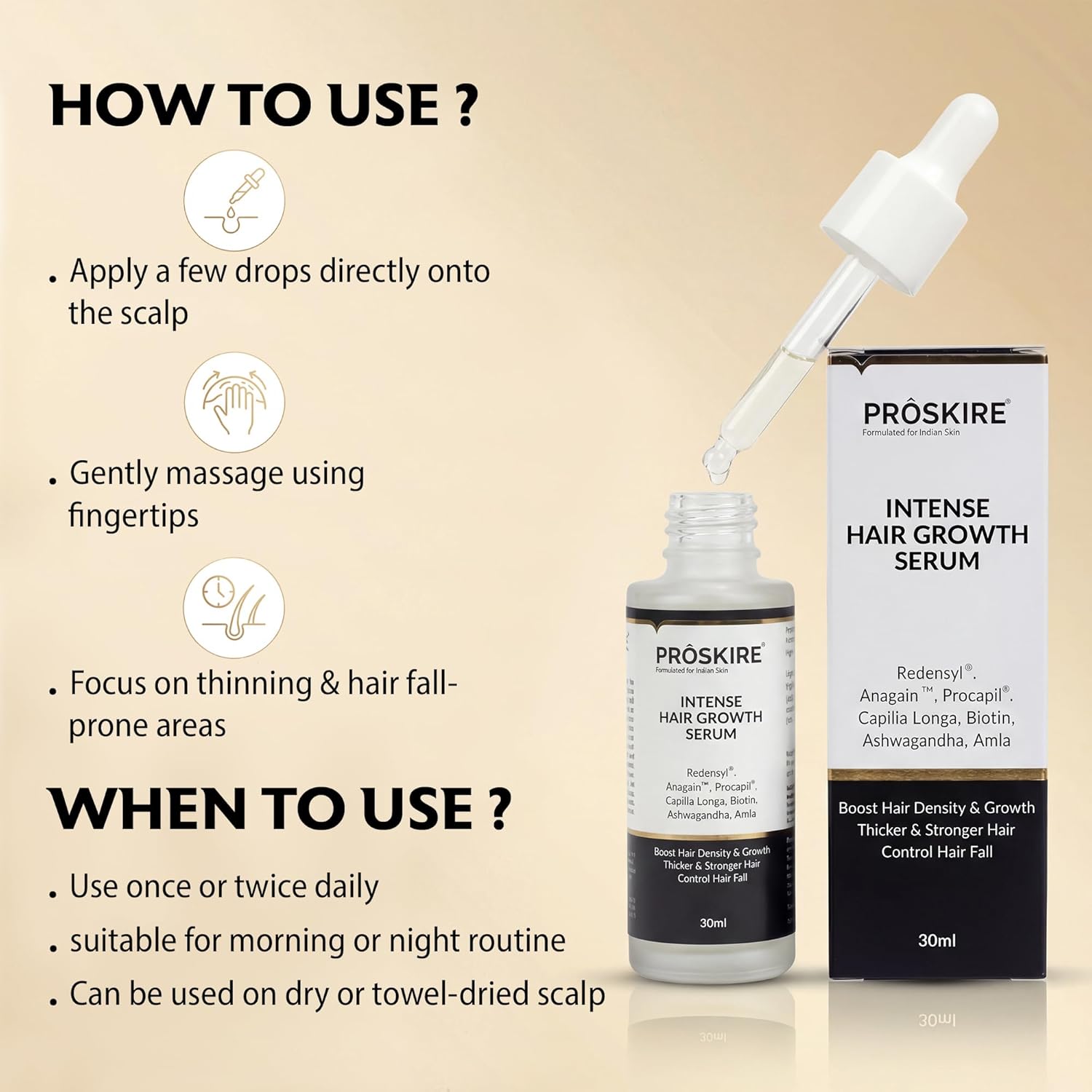 Proskire Intense Hair Growth Serum with Redensyl, Procapil, Anagain, Biotin & Ashwagandha | Boosts Hair Density & Thickness | Controls Hair Fall.