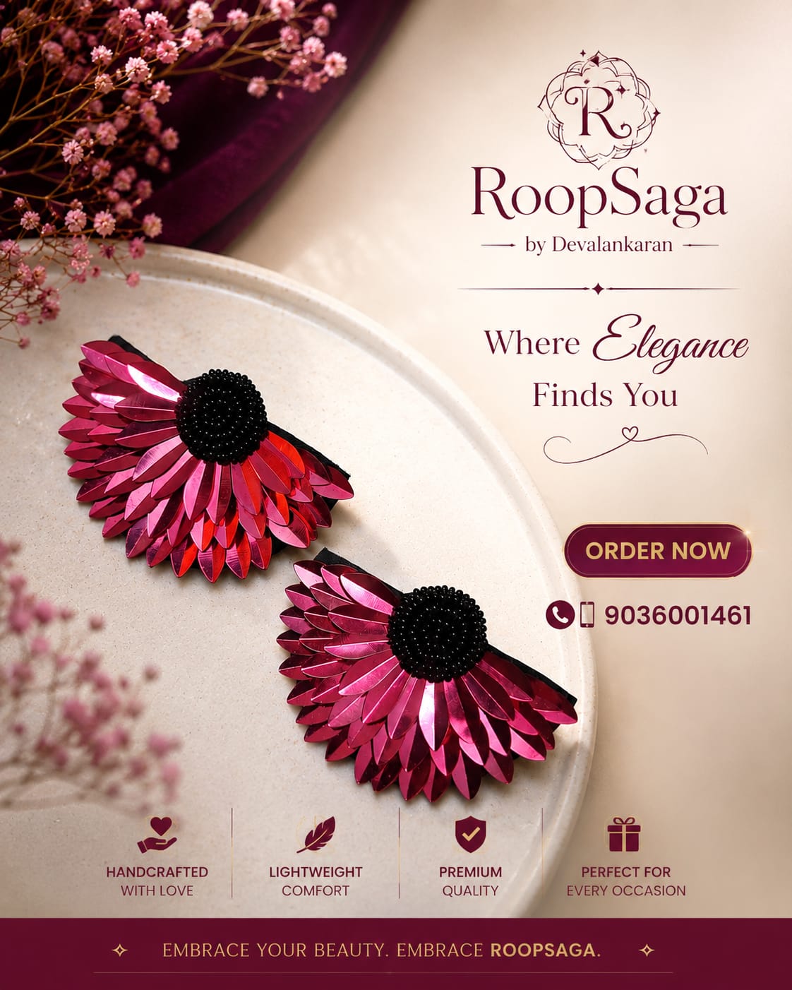 Maroon and black handmade floral Earring 