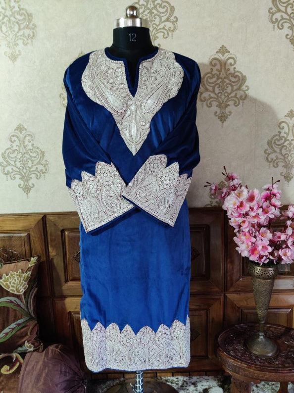 Embroidered Blue Velvet Dress