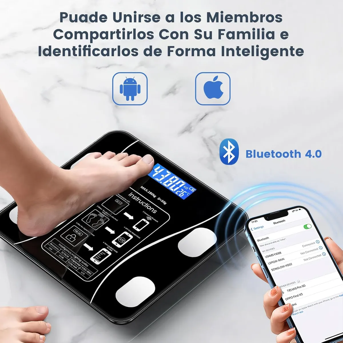 Balanza Digital Bluetooth 180Kg Control de Peso Inteligente Negro