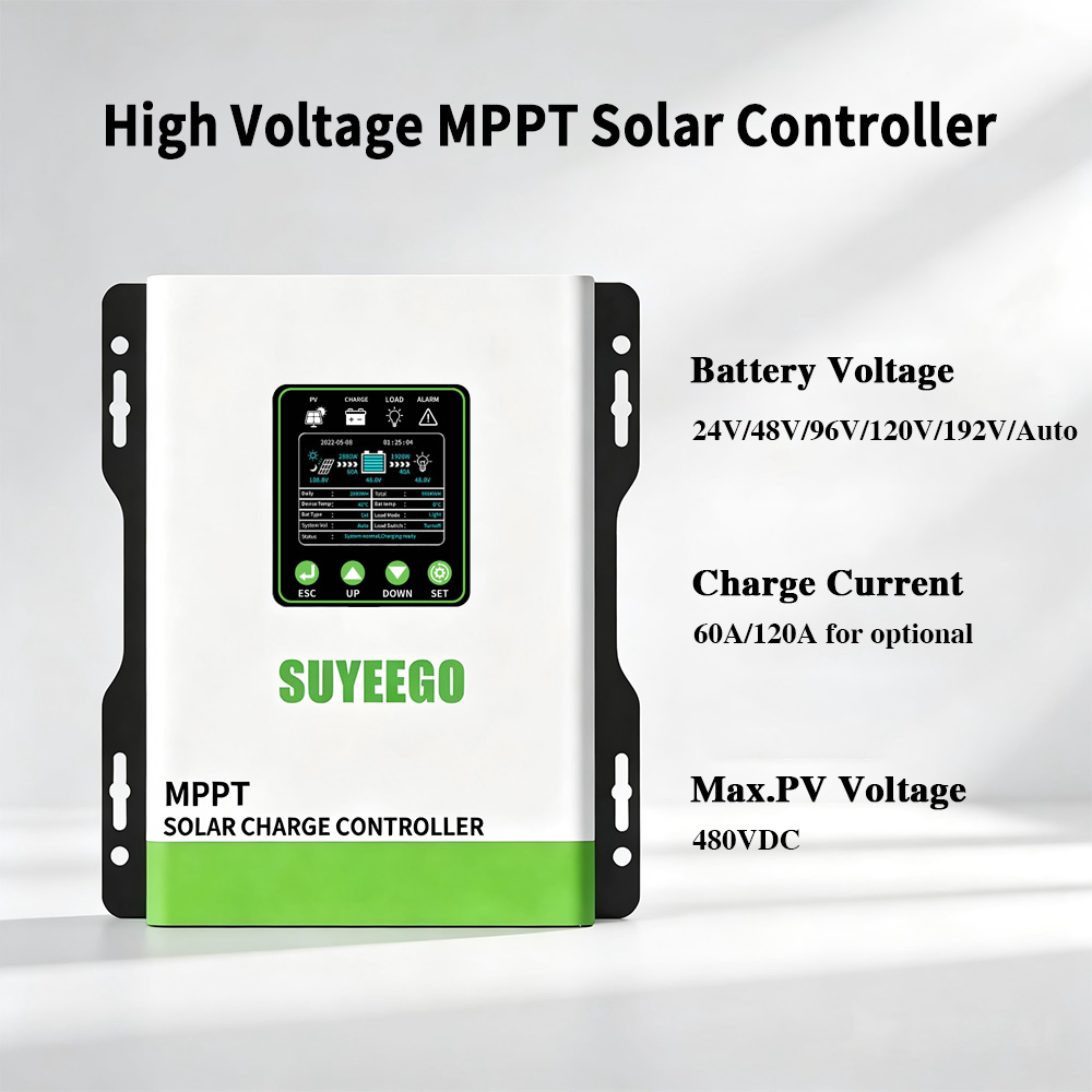 Controlador de Carga Solar MPPT SUYEEGO 60A 120A 480VDC con Entrada de Voltaje Alto Automática Inteligente de 24V 48V 96V 120V 192V
