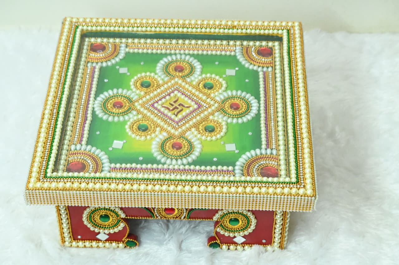 Handcrafted Decorative Wooden Chaurang / Puja Chowki with Royal Kundan & Pearl Work