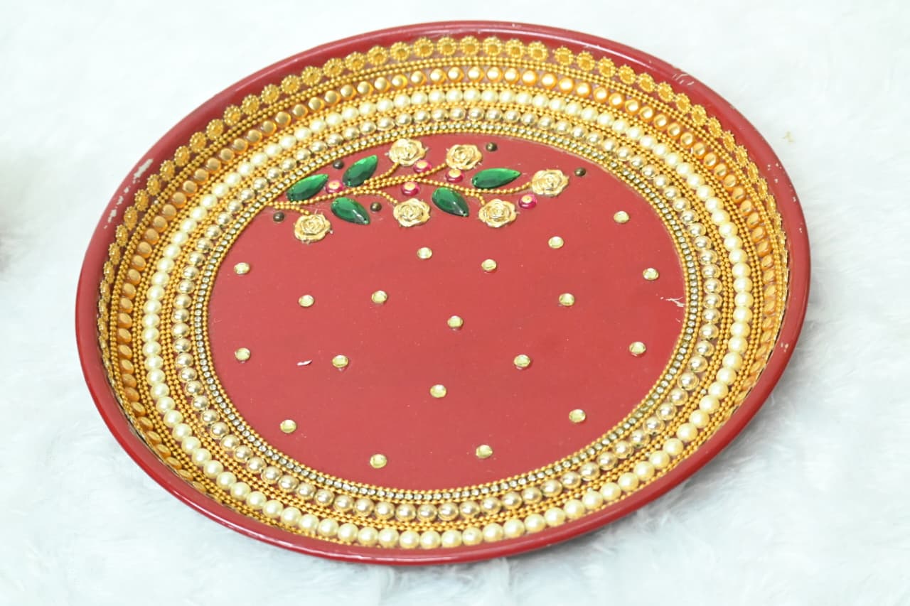 Handcrafted Decorative Stainless Steel Puja Thali with Premium Kundan and Pearl Work