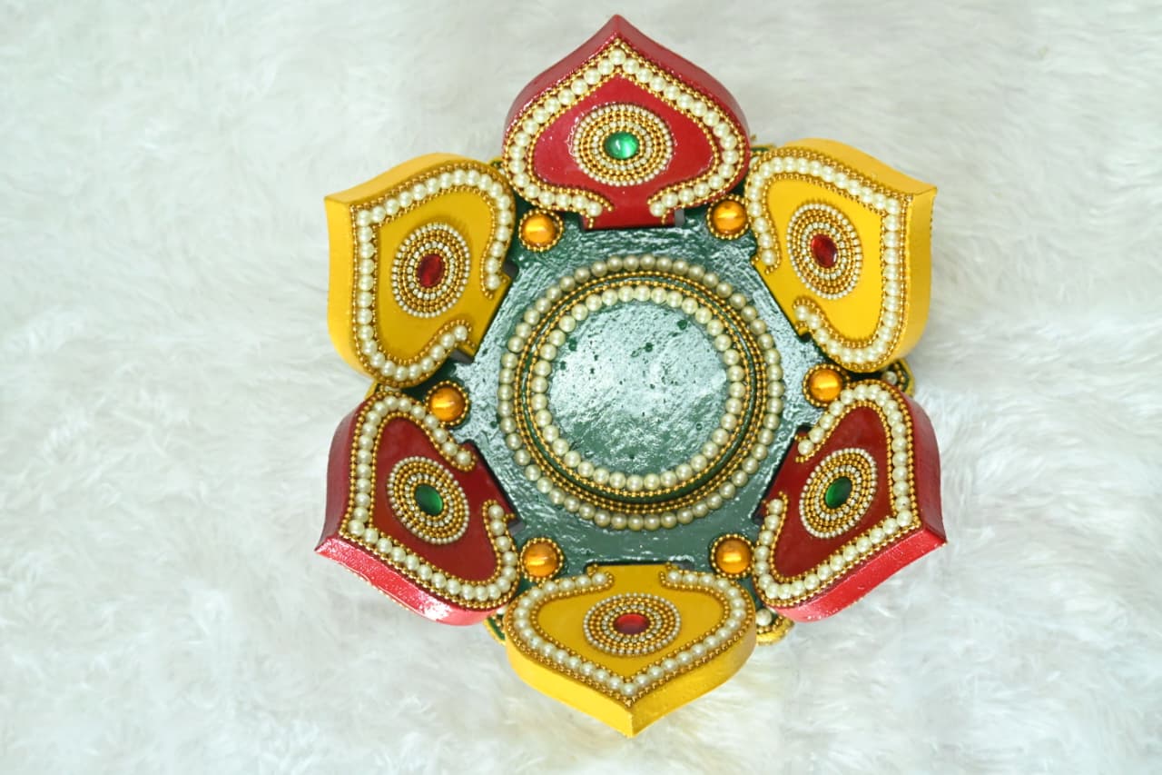 Handcrafted Decorative Wooden Kalash Stand with Premium Kundan and Pearl Work