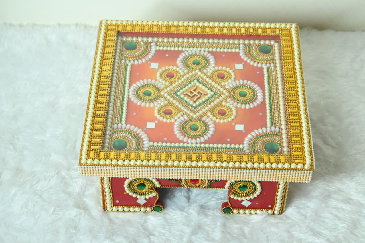 Handcrafted Decorative Wooden Chaurang / Puja Chowki with Royal Kundan & Pearl Work