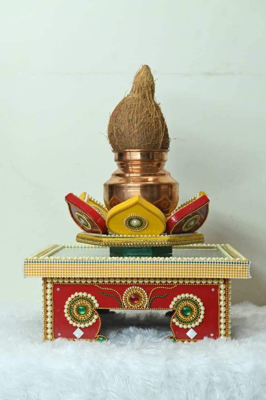 Handcrafted Decorative Wooden Chaurang / Puja Chowki with Royal Kundan & Pearl Work