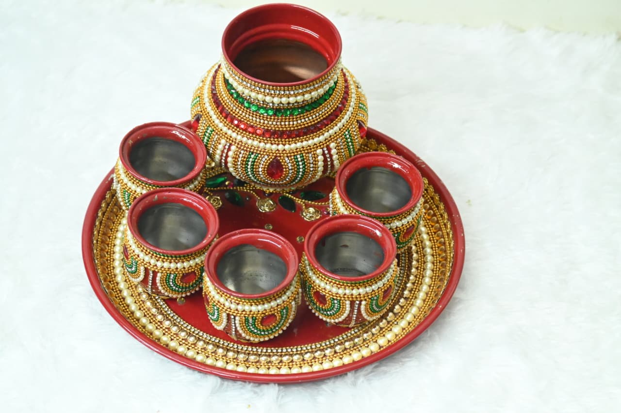 Handcrafted Decorative Stainless Steel Puja Thali with Premium Kundan and Pearl Work