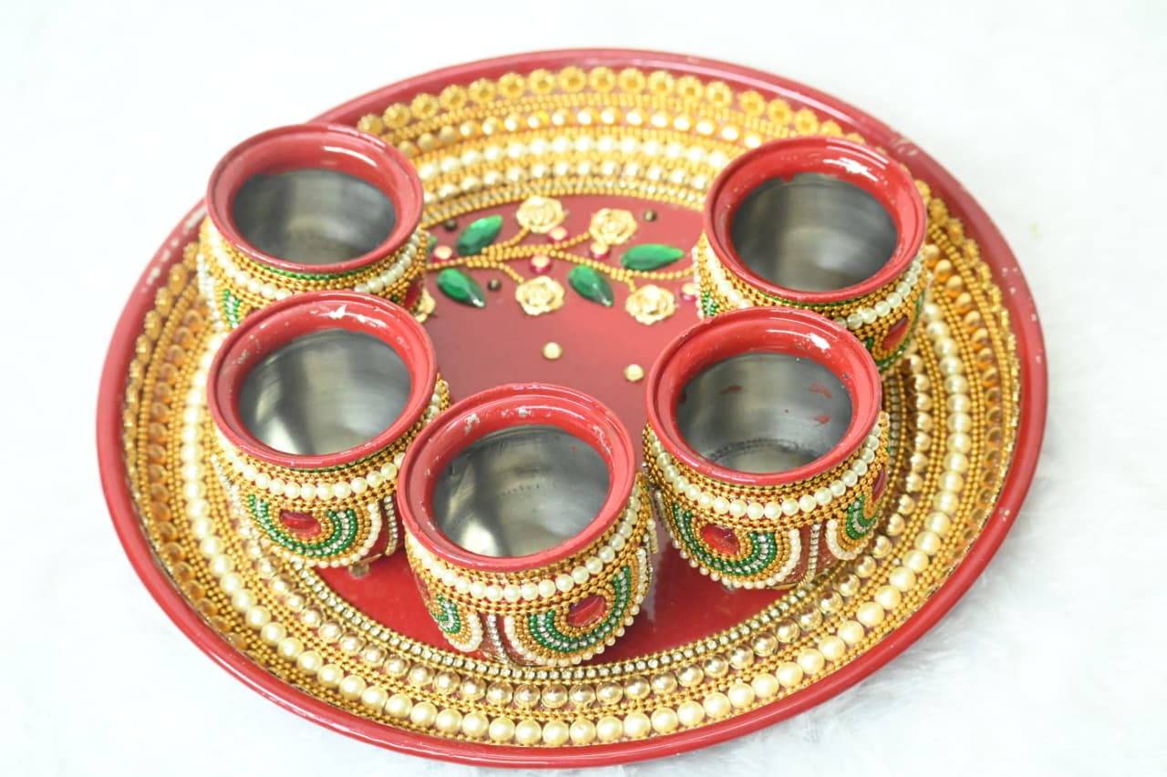 Handcrafted Decorative Stainless Steel Puja Thali with Premium Kundan and Pearl Work